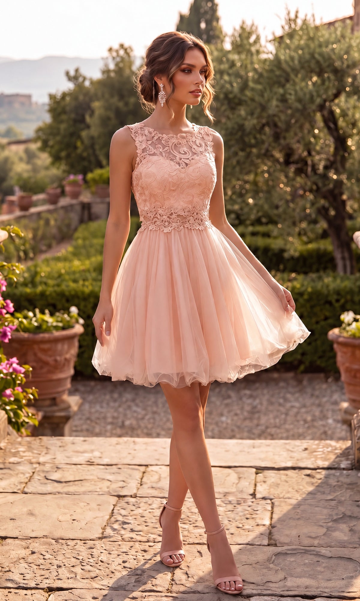 Wearing the Lace-Bodice Mini Hoco Dress: Chicas C9350 in blush, a woman in heels stands on a stone path surrounded by garden greenery and potted plants.